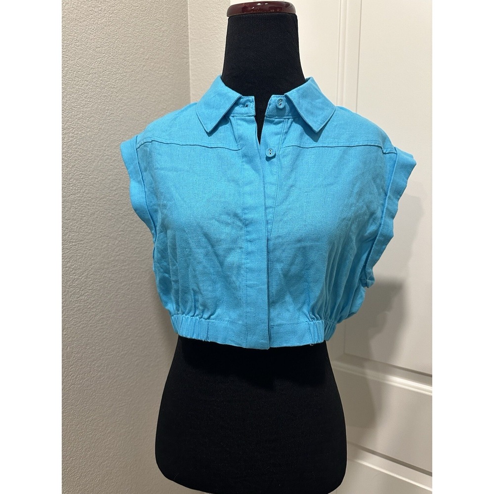 NWT 7 For All Mankind Turquoise Linen-Blend Crop Top Small